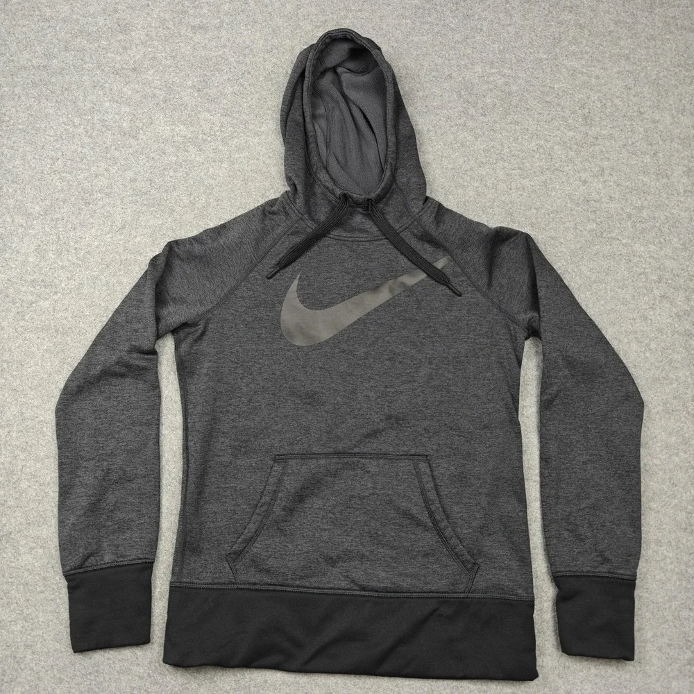 Nike Hoodie Womens Medium Gray Therma-Fit Fleece Pullover Big Swoosh Athletic